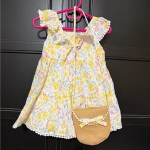 Floral Yellow Dress with Straw Purse